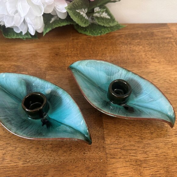 Vintage Blue Mountain Pottery Leaf Candle Holders Canadian Drip Glaze Midcentury - Picture 4 of 6